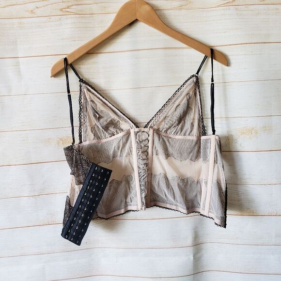 Victoria's Secret Sheer Mesh Floral Lace Up Bustier Corset Black Nude Size Large - Picture 6 of 10